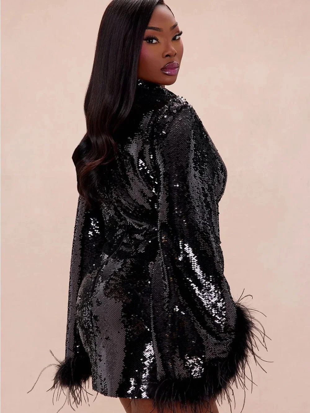 Black Sequin Feather Cuff Mini Dress - Picture 8 of 8